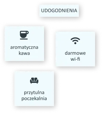 4 osobne małe zdjęcia łączące się w całość z informacją o udogodnieniach takich jak kawa wi fi i kanapa
